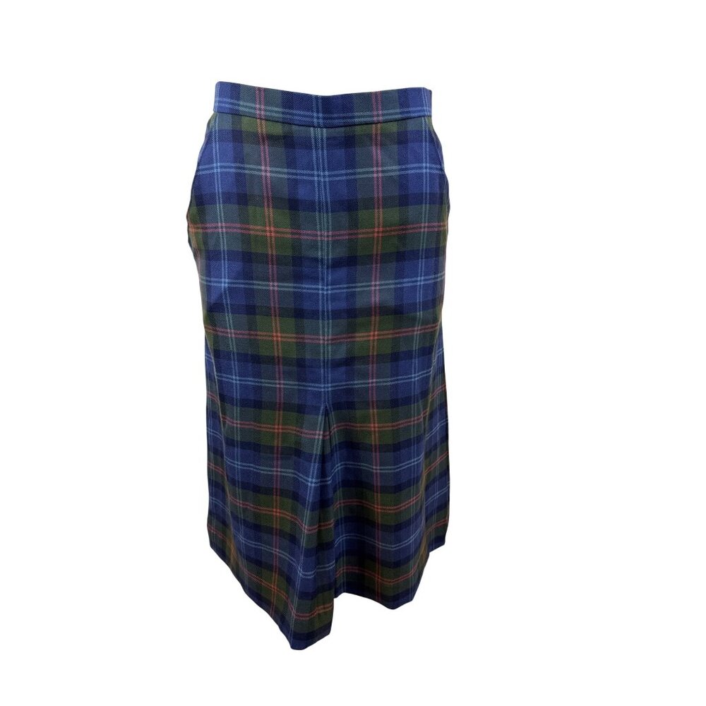 Vintage Women's Blue Tartan Plaid Midi Skirt With Back Zip Closure & Pockets